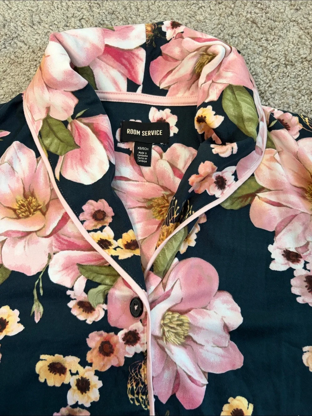 Room Service Dark Floral Pajamas Sleep Loungewear Set Pink Black XS Pockets